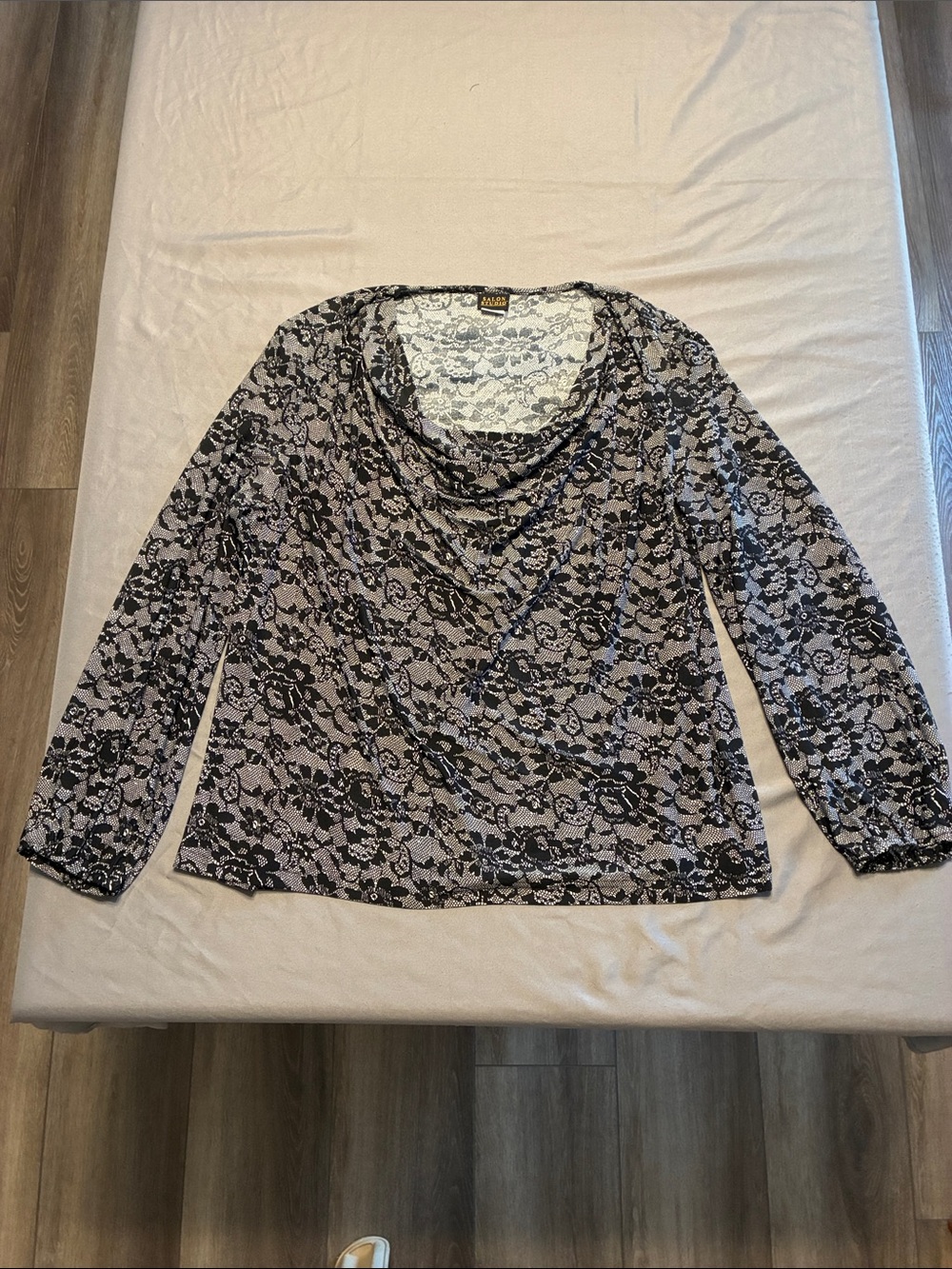 Cowl Neck Lace-Overlay Blouse in Black and Light Gray